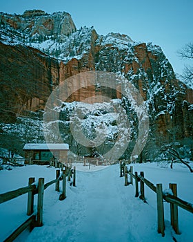 Snowy winter scene along the Virgin River on the Riverside Walk trail, Utah