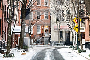 Snowy winter scene on Commerce Street in the Greenwich Village neighborhood of Manhattan in New York City