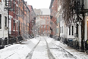 Snowy winter scene on Gay Street in the Greenwich Village neighborhood of New York City