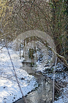 A snowy winter scene by a river