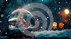 Snowy winter scene in a snow globe with Christmas tree and lights