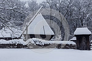 Snowy winter scene in the Village Museum