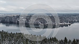 Snowy Winter time scene of Oakland bay in the Pacific Northwest