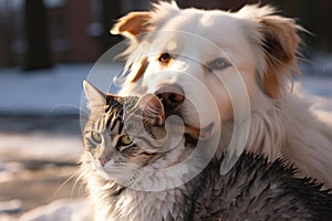 In a snowy winter wonderland, a funny cat rides a loyal dog