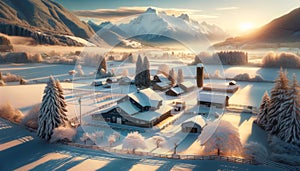 Snowy Wintertime Landscape Sunrise Country Road Farming Buildings Rural Homes AI Generate