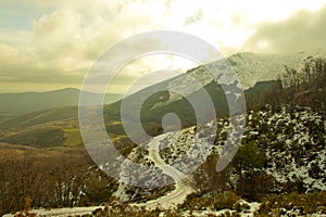 Snowy wooded and mountainous winter landscape