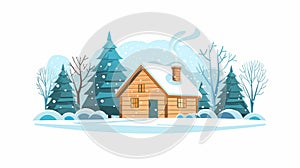Snowy wooden building with roof and trees in snowy cold weather. Cozy country house, chimney with smoke at winter