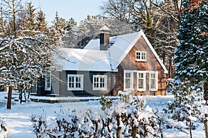 Snowy wooden house in the forest