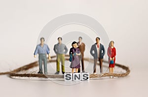A SNS alphabetical cube that is connected by a string. Standing miniature people.