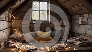 A snug corner tucked away in the attic complete with a rustic wooden bench a string of fairy lights and a pile of