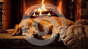 snuggle dog by fireplace