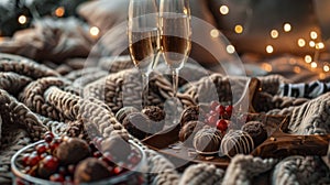 Snuggled up on a warm blanket gazing at the full moon while indulging in a decadent spread of chocolate truffles fruits