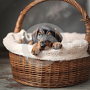 Snuggling in a basket, a Dachshund puppy finds comfort in soft bedding photo
