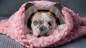 Snuggly Pup in a Pink Blanket Cocoon. Concept Pets, Photography, Cozy Vibes, Blanket Cocoon, Puppy photo