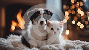 snuggly puppy and kitten duo wrapped in a fluffy blanket, with a backdrop of a warm fireplace photo