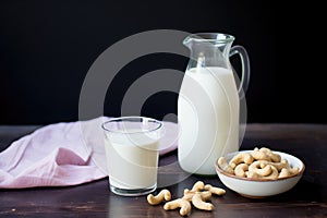 soaked cashews next to a jug of fresh cashew milk