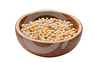 Soaked raw Chickpea in wooden plate. Isolated.