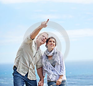 Soaking up the scenic view. a mature man showing his wife something in the distance while enjoying a day in the great