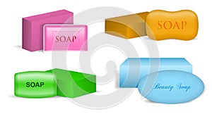 realistic soap bars different color and shape with foam and bubbles,illustration bath soap.