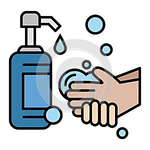 Soap-antiseptic in a bottle with a dispenser - disinfecting agents. Hand washing. Hygiene and care products. Hands with soap suds.