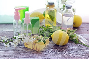 Soap, antiseptic liquid, healthy herbs, aromatic oil for hygienic procedures, natural cosmetics, home relaxation