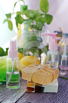 Soap, antiseptic liquid, healthy herbs, aromatic oil for hygienic procedures, natural cosmetics, home relaxation