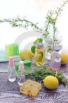 Soap, antiseptic liquid, healthy herbs, aromatic oil for hygienic procedures, natural cosmetics, home relaxation