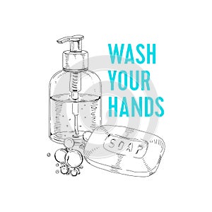 Soap bar and dispenser with liquid detergent, retro hand drawn vector illustration.