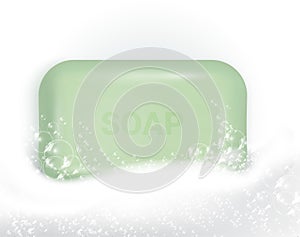 Soap bar with foam and bubbles isolated vector illustration on white background. Soap foam for lather. Vector