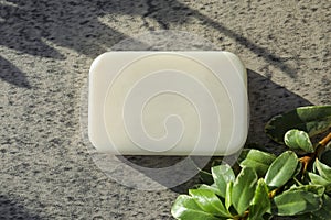 Soap bar and green plant on light grey textured table, flat lay