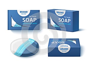 Soap bar package design. Realistic cardboard box mockup, branded paper wrap, natural bath cosmetic, skin body washing