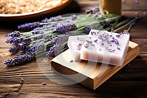 soap bar on a wooden table, lavender sprigs around it