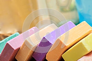 Soap bars closeup view. Variety of colors, natural healthy cosmetics