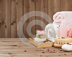 Soap Bars, Towels, Wisps. Body Care Kit. Dried Rose Petals.