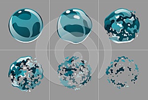 Soap bubble animation. Ball chemical or water spherical figure. Round burst explosion sprite sheet effect. Game or