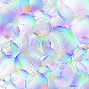 Soap bubble background with transparency in realistic style. Rainbow sphere wallpaper. Vector