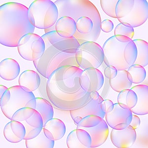 Soap bubble background with transparency in realistic style. Rainbow sphere wallpaper. Vector illustration.. Vector Illustration