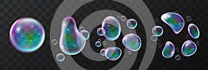 Soap bubble deformation. Realistic transparent balls with rainbow reflexes, disintegration phases into parts, objects