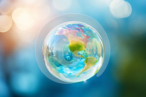 Soap bubble Earth floating in the air. Earth Day, save the planet concept. Ecology and sustainability, fragile world, saving the