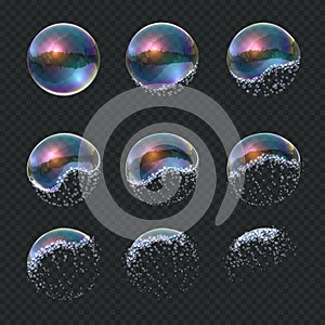 Soap bubble explode. Realistic water sphere explosion, transparent blue reflections isolated soap foam balloon. Vector photo