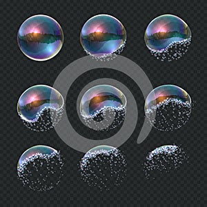 Soap bubble explode. Realistic water sphere explosion, transparent blue reflections isolated soap foam balloon. Vector