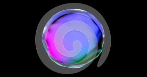 Soap bubble with iridescent chromatic surface transparent isolated on black background. Pink and blue color gradient water drop photo