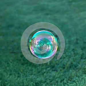 Soap bubble isolated on green background.