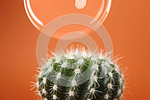 Soap bubble near cactus on orange background