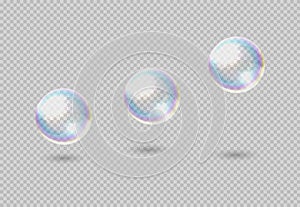 Soap bubble. Realistic rainbow shampoo ball with color reflection. 3D soaring glossy spheres on transparent background