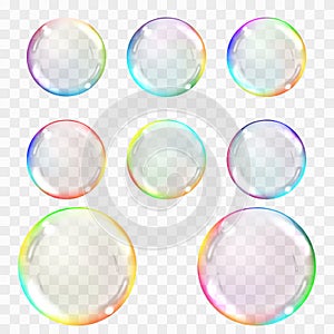 Soap bubble. Set of multicolored transparent bubbles with glares