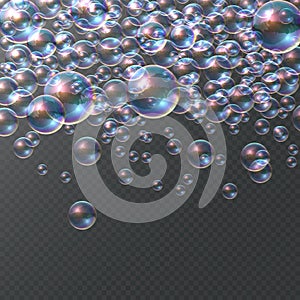 Soap bubble on transparent background. Realistic colorful 3D bubbles, rainbow clear shampoo falling ball. Vector