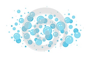 Soap bubble vector pattern, blue foam, abstract suds isolated on white background. Effervescent air bubbles stream. Cartoon soda