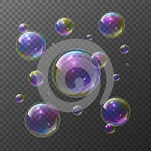 Soap bubbles. Abstract foam bubble shampoo clear soap rainbow wash bubbling shiny bubbly texture isolated vector set