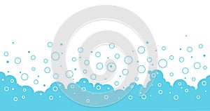 Soap bubbles blue background, cartoon foam outline and flat frame, water pattern, transparent suds. Abstract vector